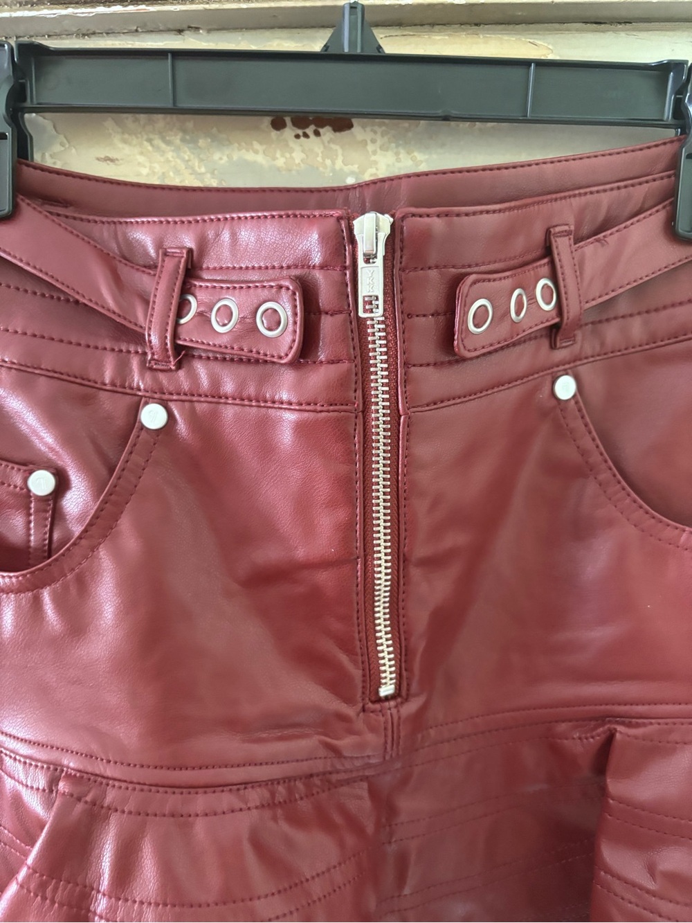 Pilcro Burgundy Faux Leather Flared Mini Skirt - Picture 6 of 11